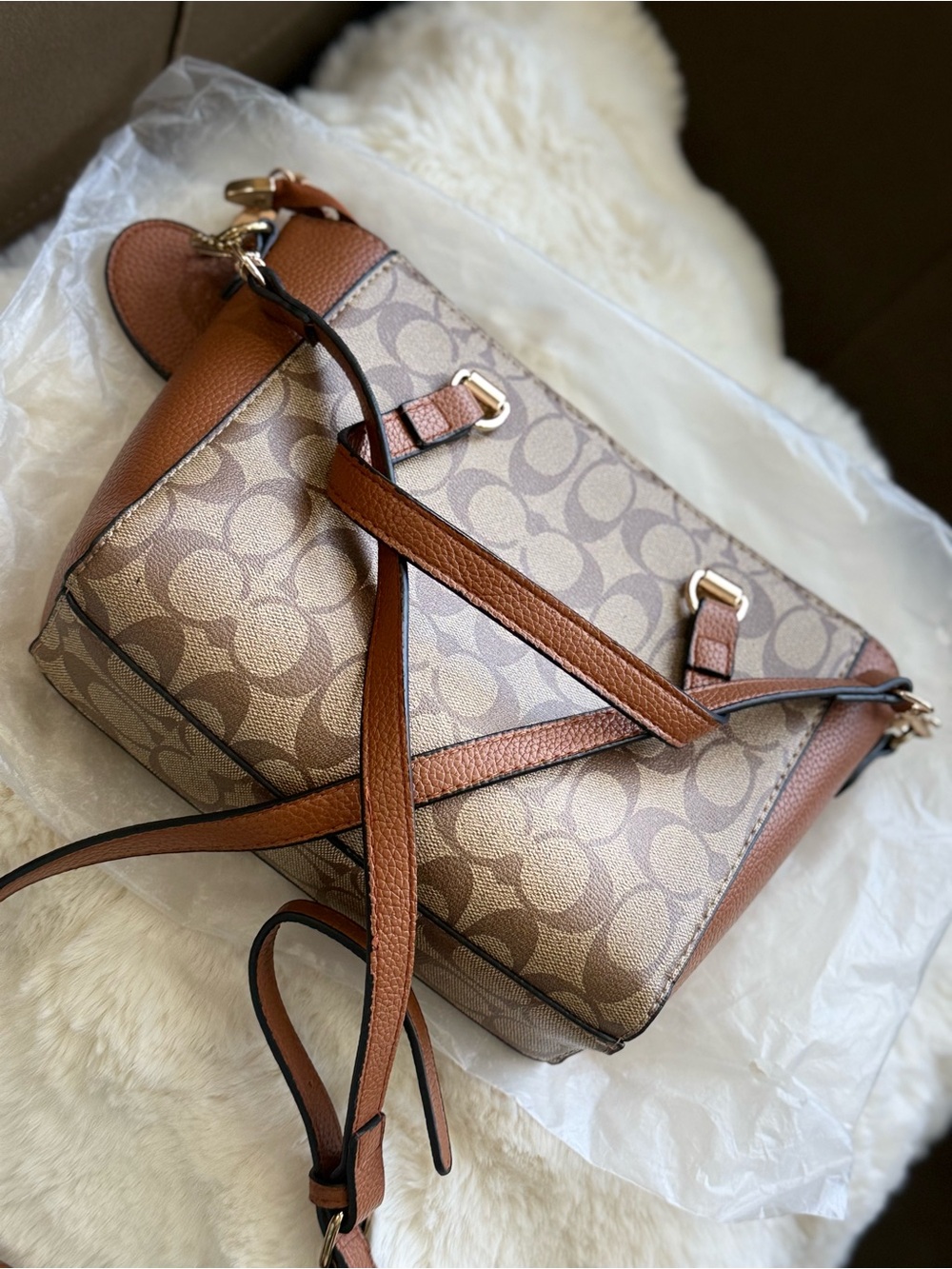 Coach Tan Signature Canvas Crossbody Bag with Brown Leather Trim